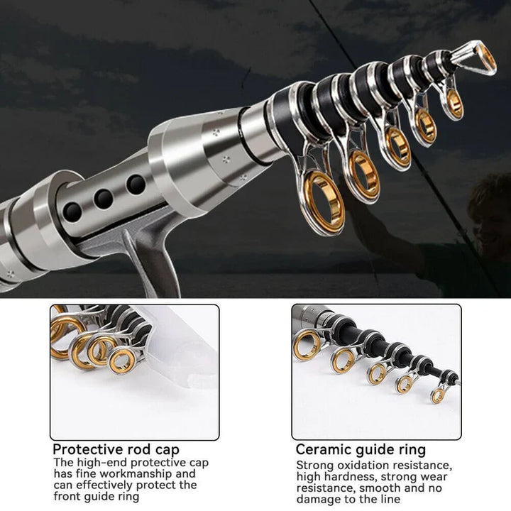 Complete carbon fiber telescopic fishing rod, pole, and reel combo kit for sea, saltwater, and freshwater fishing.