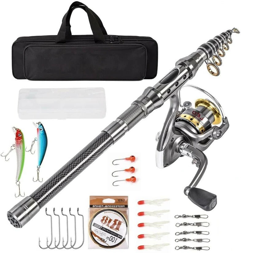 High-performance telescopic carbon fiber fishing rod & reel for versatile sea, saltwater, & freshwater angling.