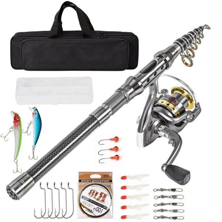 High-performance telescopic carbon fiber fishing rod & reel for versatile sea, saltwater, & freshwater angling.