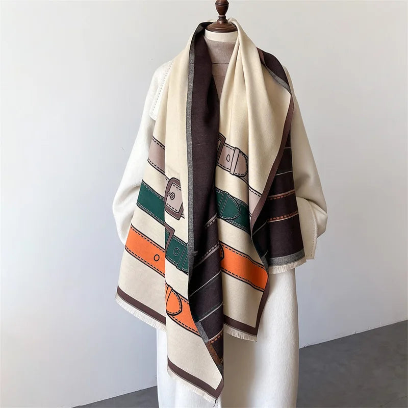 Stylish unisex cashmere blend scarf with unique belt buckle design, a warm fashion accessory for all.
