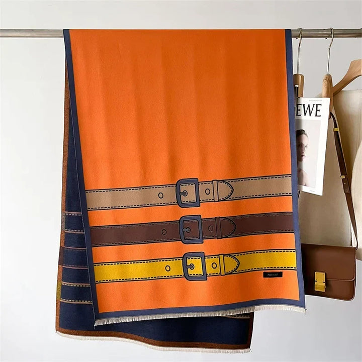 Soft and warm unisex cashmere blend scarf, a stylish accessory with an elegant belt buckle pattern design.