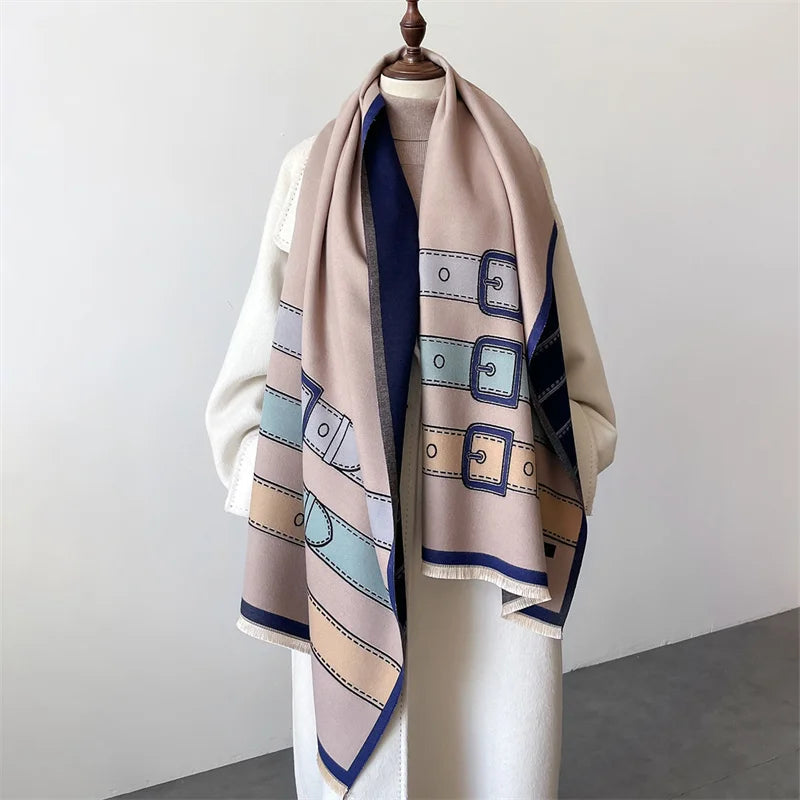Unique unisex cashmere blend scarf featuring an eye-catching elegant belt & buckle pattern, comfortable & warm.
