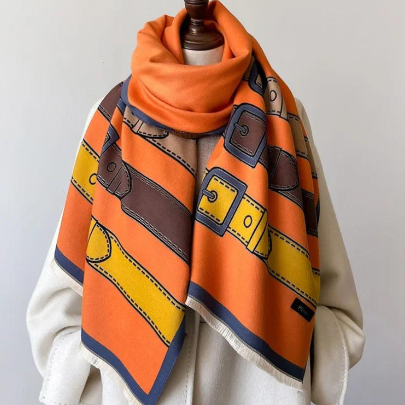 Premium unisex cashmere blend scarf, warm and soft, with a chic belt & buckle design. Perfect fashion accessory.