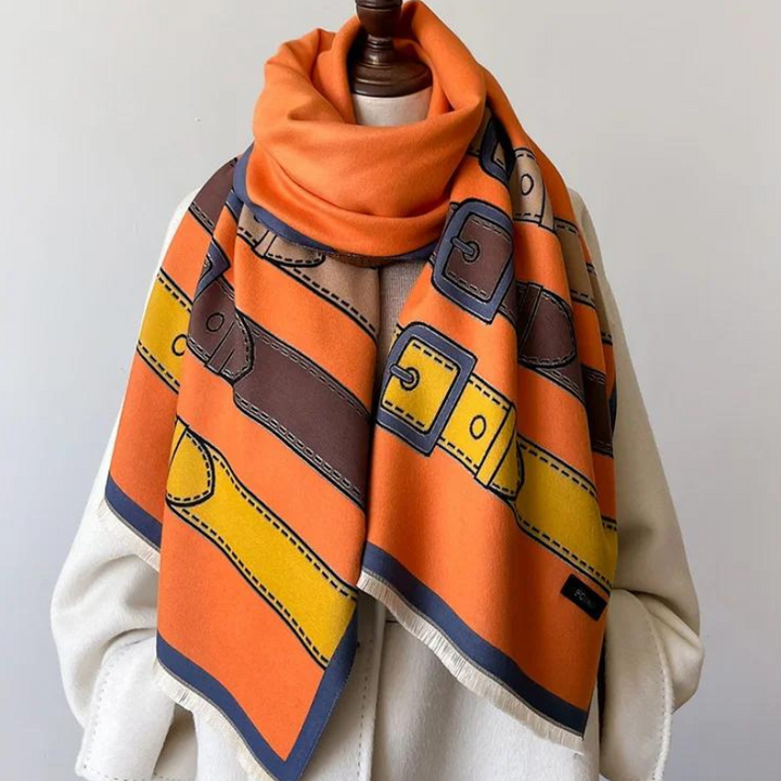 Premium unisex cashmere blend scarf, warm and soft, with a chic belt & buckle design. Perfect fashion accessory.