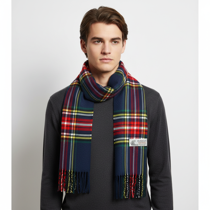 Texture shot of a soft, machine washable cashmere-feel plaid scarf, displaying a detailed Stewart tartan pattern