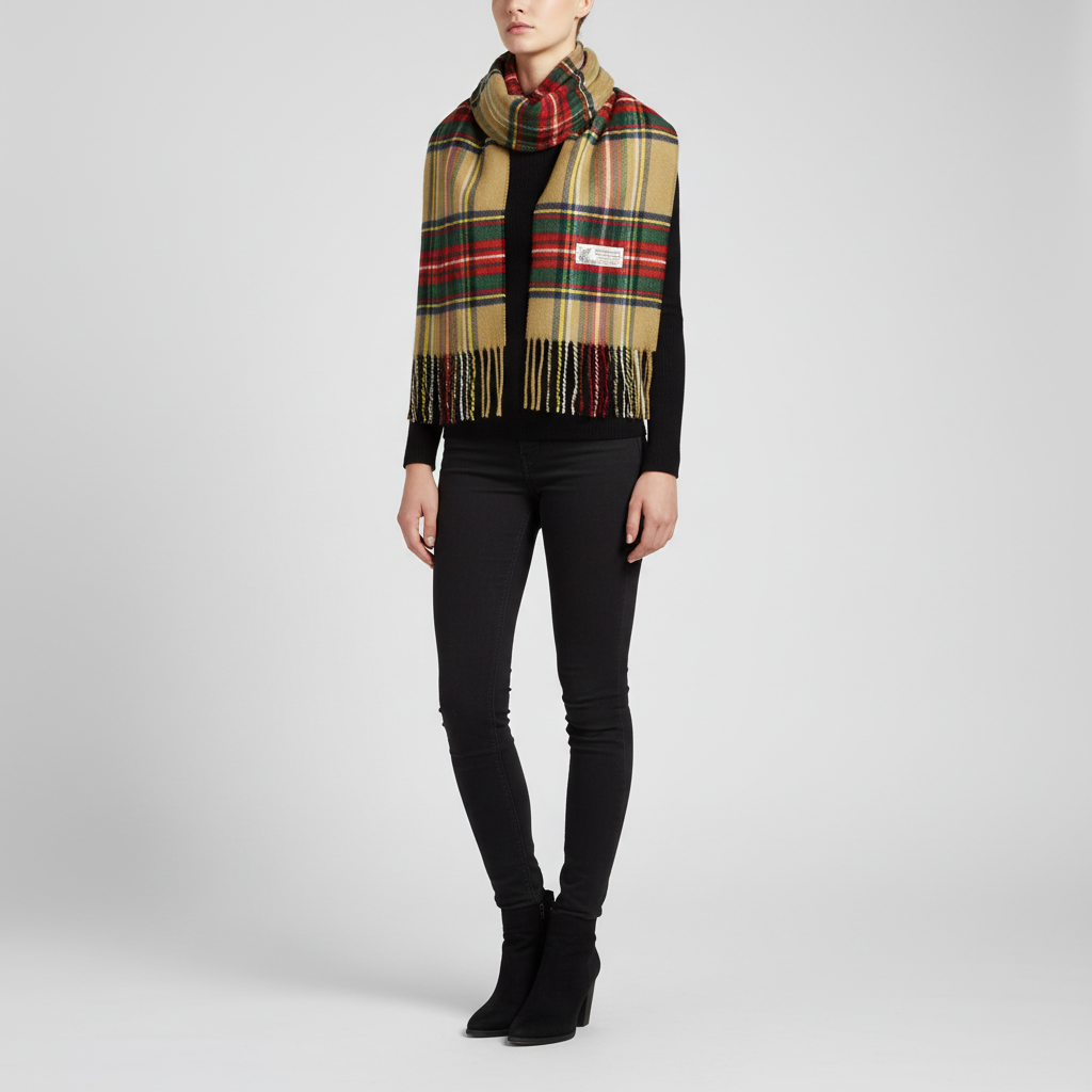 Unisex winter accessory: a warm, soft, machine washable cashmere-feel plaid scarf with a traditional Stewart tartan