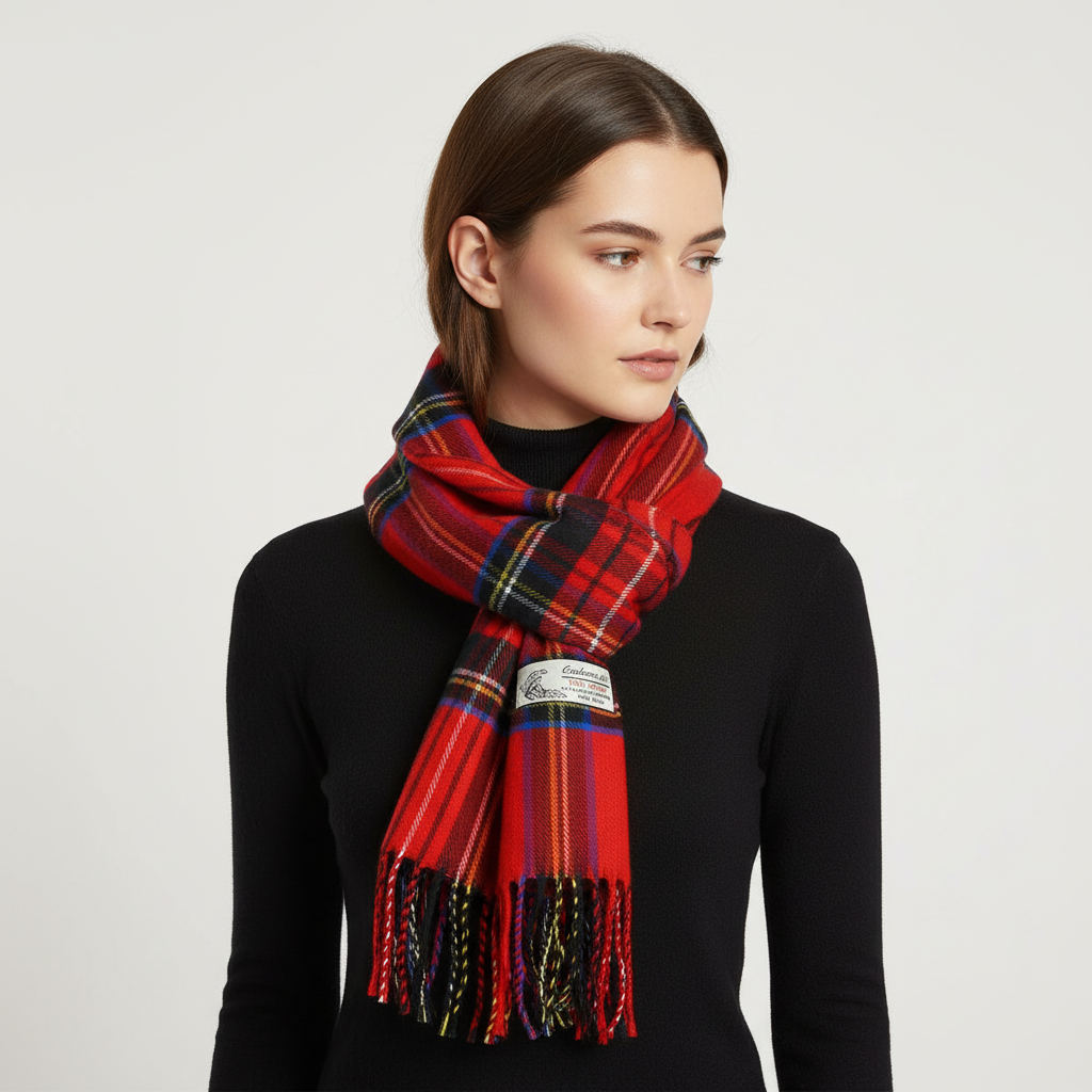 Close-up of a warm unisex houndstooth plaid scarf with a cashmere-feel, perfect for autumn and winter outfits