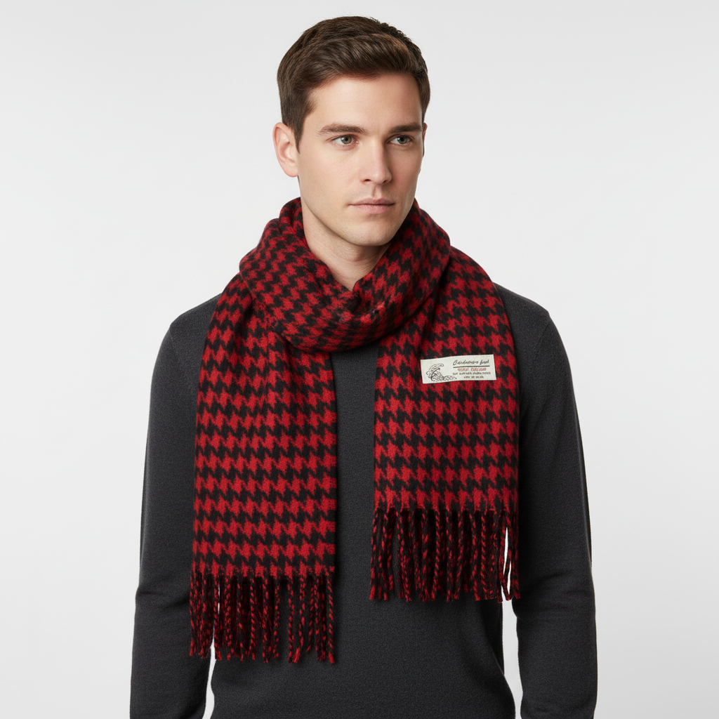 Model wearing a cozy unisex cashmere-feel plaid scarf with a classic Stewart tartan pattern, winter fashion