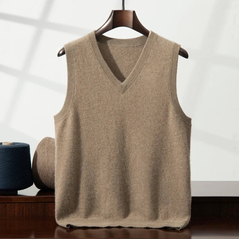 Elegant unisex V-neck cashmere vest. Perfect for layering in cold weather.