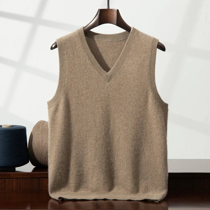 Elegant unisex V-neck cashmere vest. Perfect for layering in cold weather.