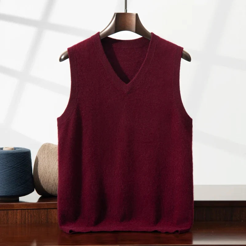 Warm unisex cashmere V-neck sweater vest. Elegant & soft for layering.