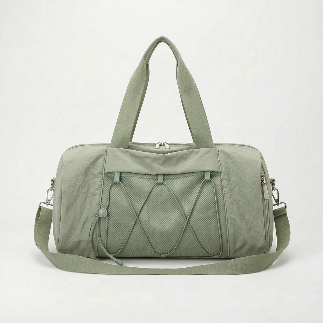 Versatile unisex weekender bag: a casual gym duffel with separate compartments for shoes, wet gear, & athletic essentials.