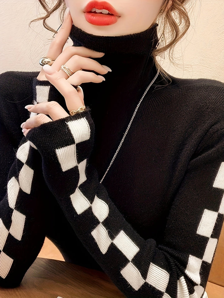 High-neck long sleeve sweater for unisex, featuring unique checkerboard pattern on sleeves.
