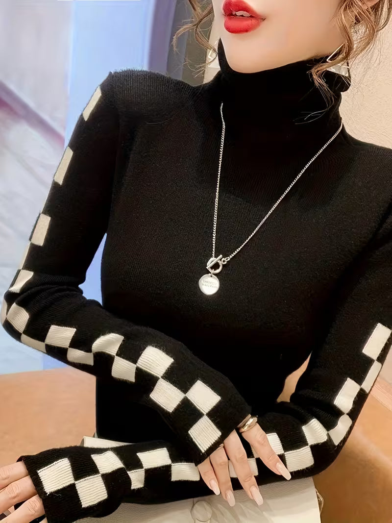 Comfortable knitwear: unisex checkerboard sleeve high-neck sweater. Great for cool weather.