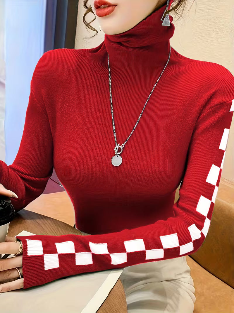 Modern fit unisex checkerboard sleeve sweater. A cozy statement piece for casual wear.