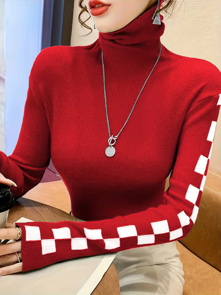 Modern fit unisex checkerboard sleeve sweater. A cozy statement piece for casual wear.