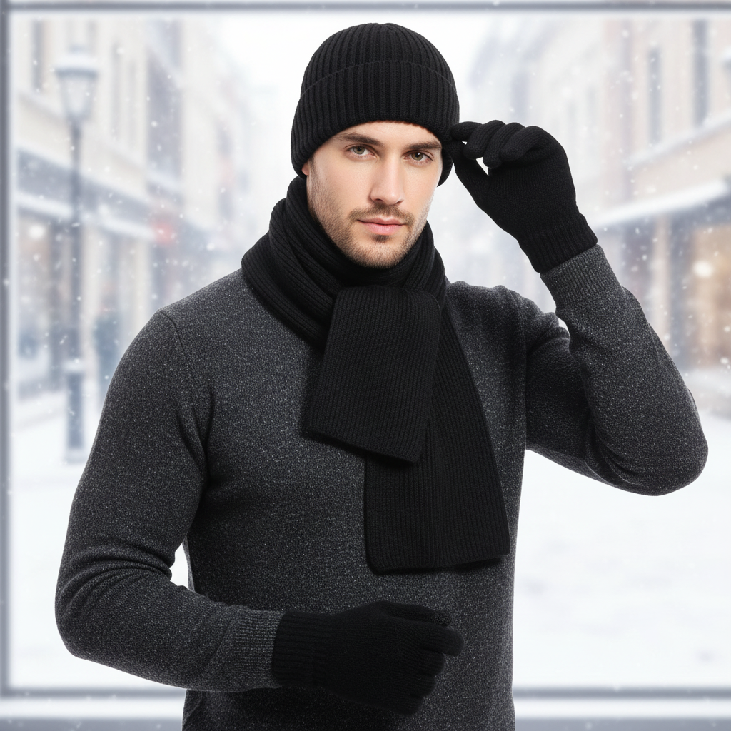 Unisex ChillGuard knit winter hat, scarf, and gloves set in grey, perfect for cold weather
