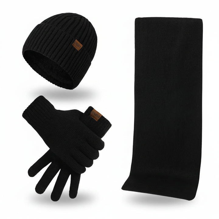 Complete ChillGuard winter set, including a thermal hat, warm scarf, and comfortable gloves