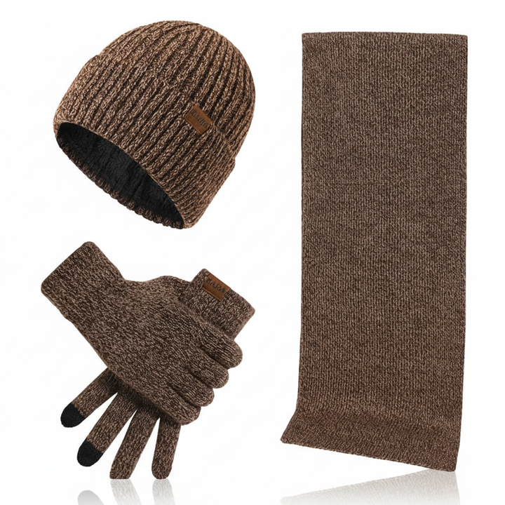 Practical and warm ChillGuard winter accessory set: hat, scarf, and gloves for outdoor activities