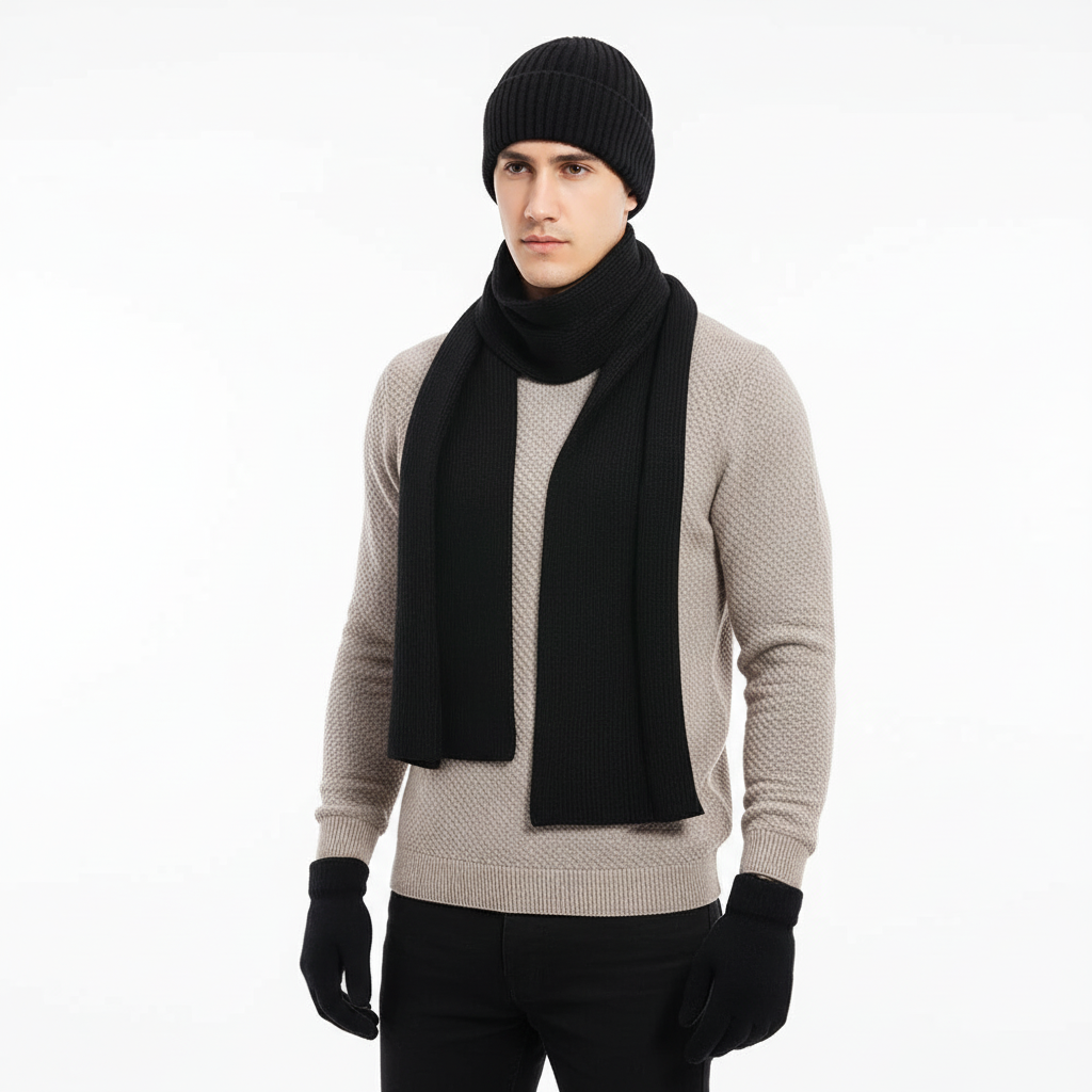 Close-up of the woolen texture of the ChillGuard unisex knit hat and matching gloves, winter fashion accessory.