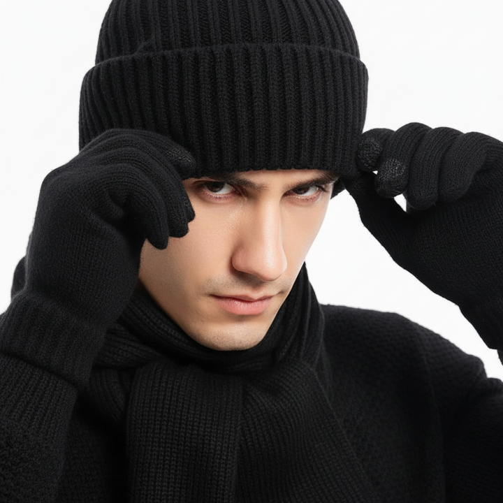 Unisex ChillGuard winter knit hat and gloves set, folded neatly, showcasing its soft knitwear for warmth.