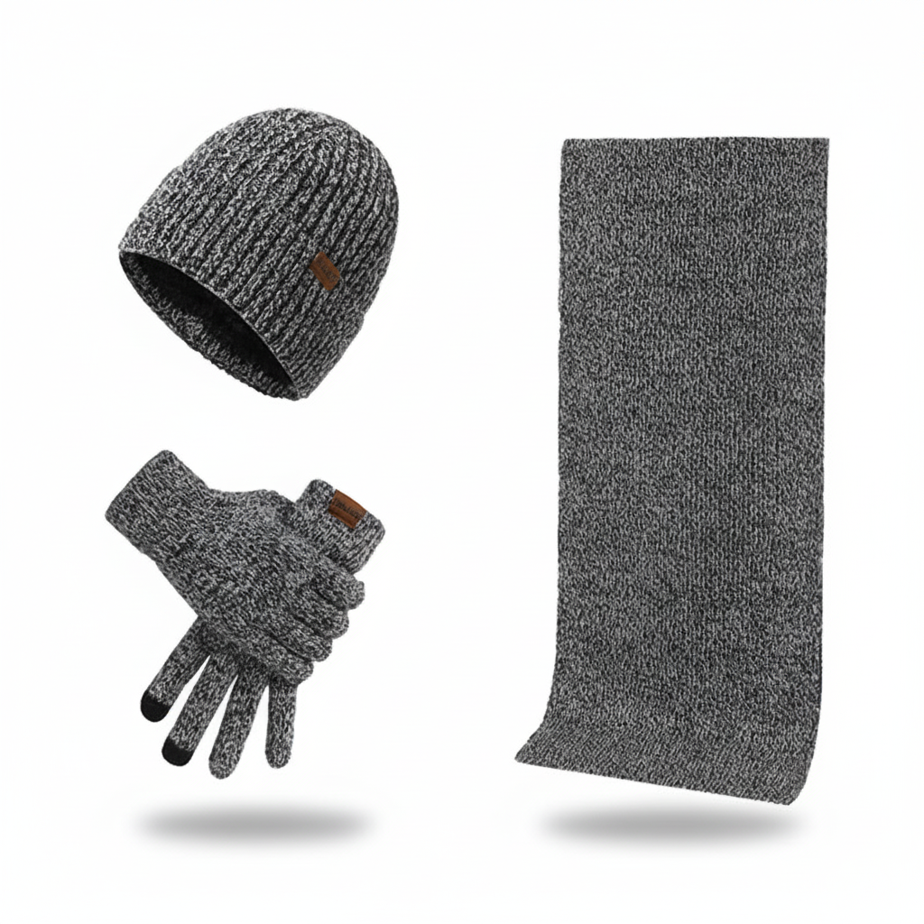 Model wearing a gray ChillGuard unisex winter knit hat and gloves, perfect for cold weather outdoor activities.