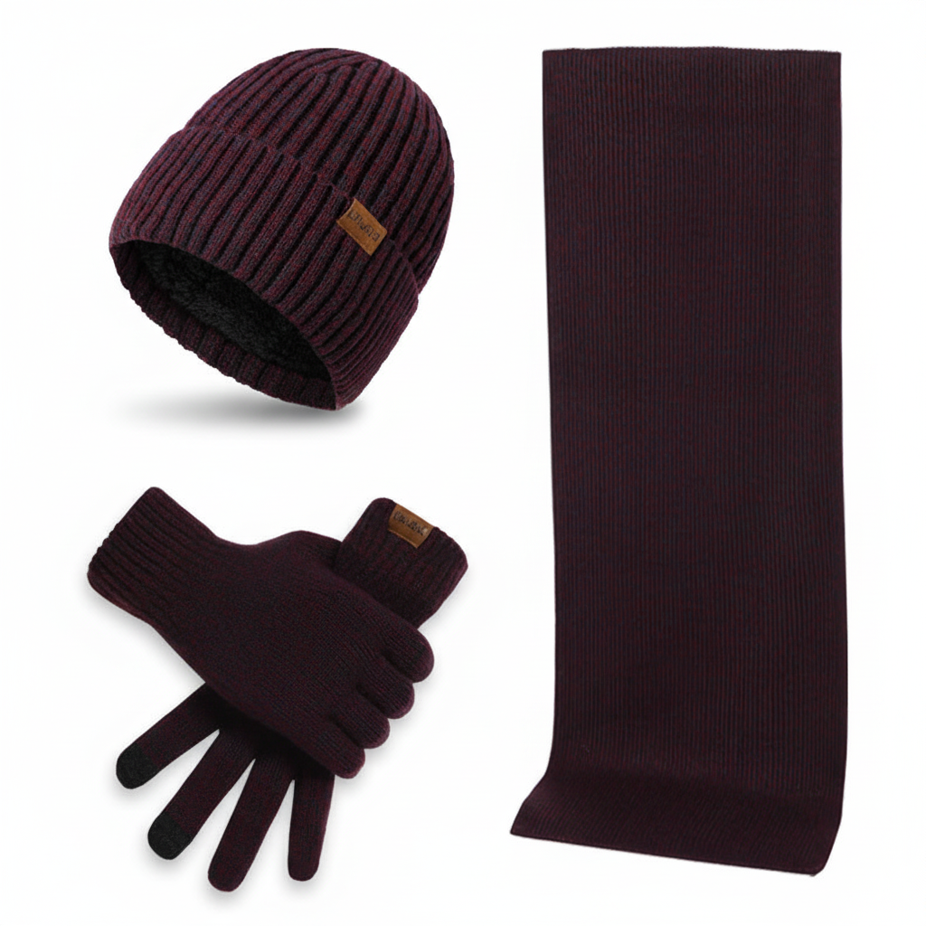 ChillGuard winter fashion set: unisex knit hat and gloves in a neutral color, essential warm accessories.