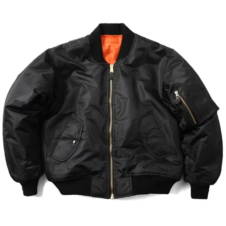 Durable aviator bomber jacket, a classic zip-up outerwear for fall and spring, offering both style and comfort.