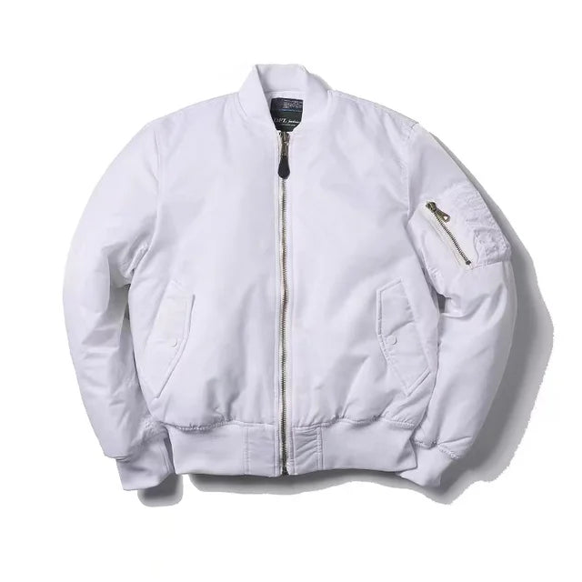 Fashionable bomber jacket, a comfortable zip-up outerwear with a classic look, great for spring and fall fashion.