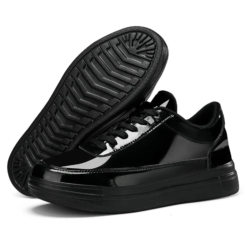 Top-down view of glossy Classic Legacy unisex sneakers, highlighting premium materials & comfort.