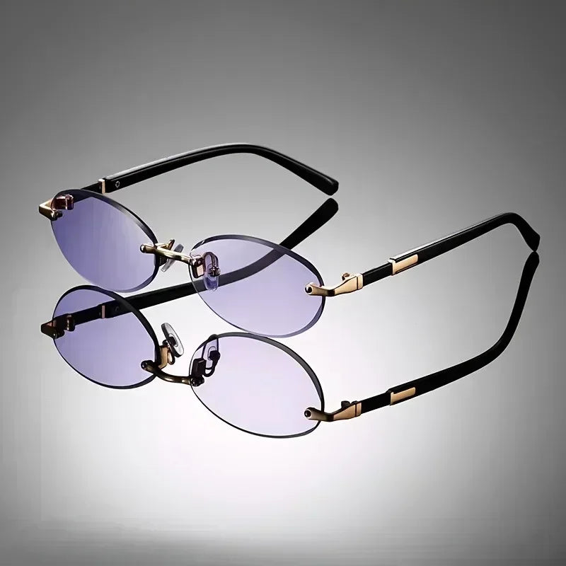 Unisex classic oval rimless sunglasses with UV400 protection; lightweight polycarbonate eyewear for casual style.