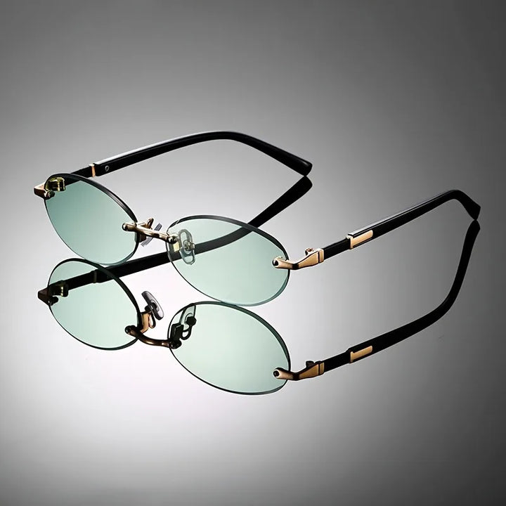 Modern oval rimless sunglasses featuring UV400 protection, a lightweight frame, and a versatile unisex fit.