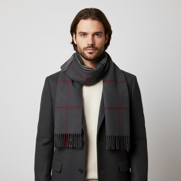 Warm wool plaid scarf with fringe, a must-have unisex accessory for colder seasons