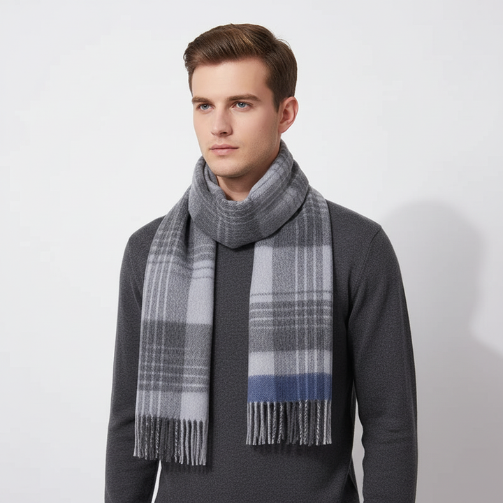 Textured unisex plaid wool scarf with fringes, offering comfort and style