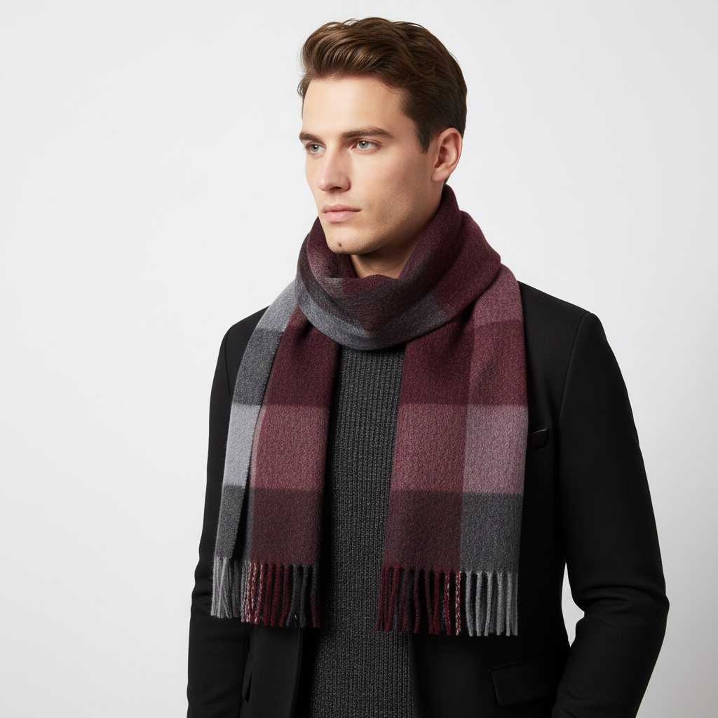 Classic plaid wool scarf with fringes, designed for unisex warmth and autumn fashion