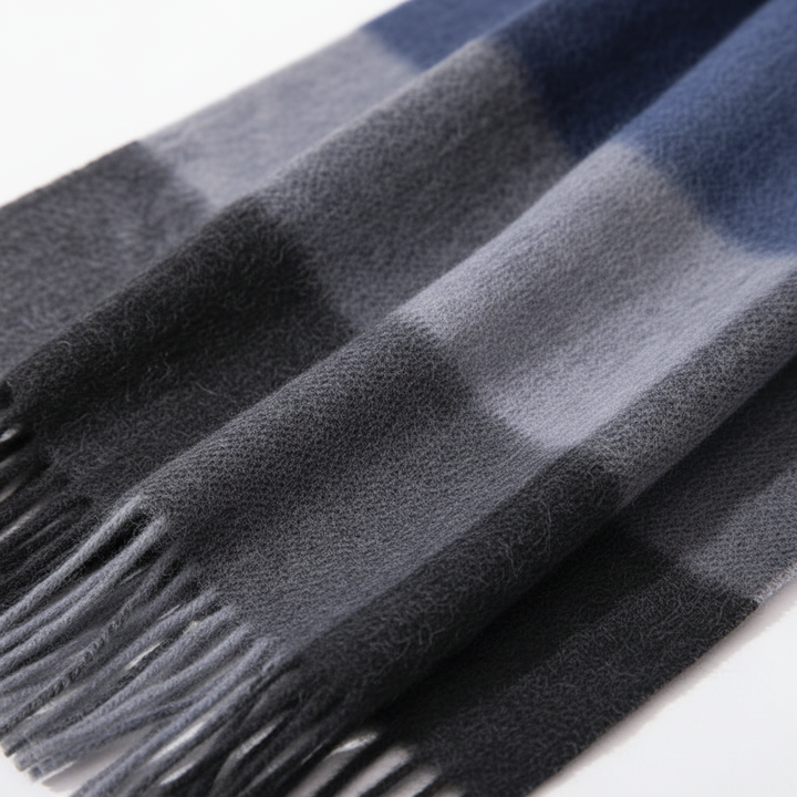 Soft wool plaid scarf with classic fringe detail, ideal for cold weather fashion