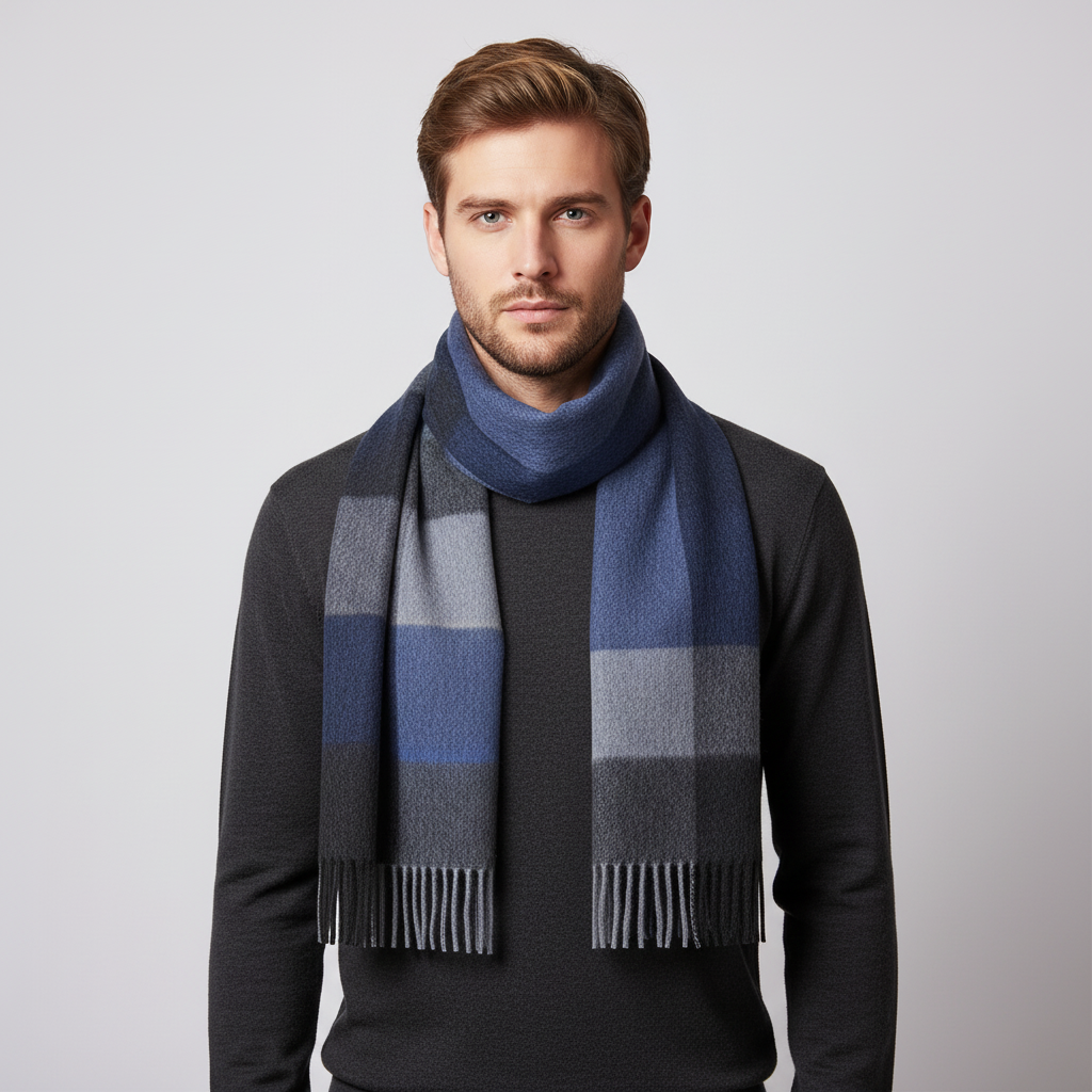 Unisex warm wool scarf in a timeless plaid pattern with elegant fringe ends