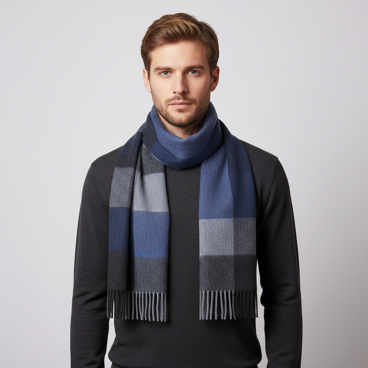 Unisex warm wool scarf in a timeless plaid pattern with elegant fringe ends