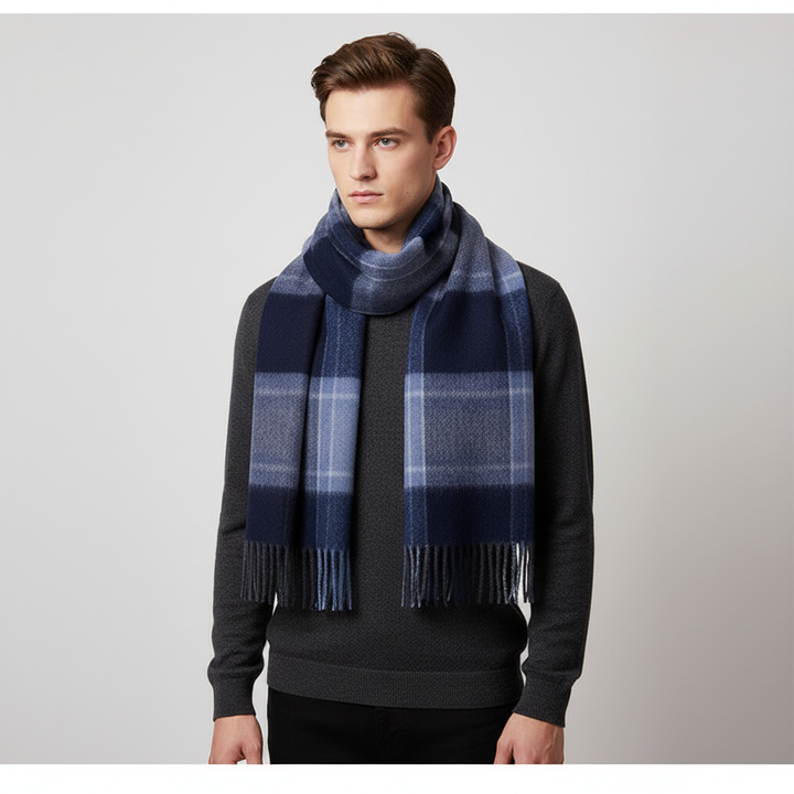 Autumn fashion unisex plaid wool scarf, featuring soft texture and stylish fringe