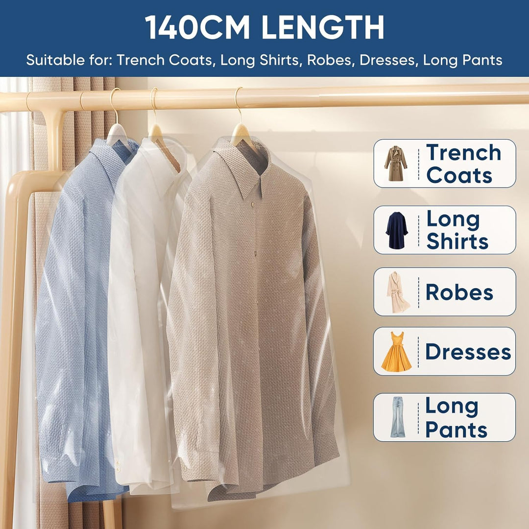 Fifty clear garment bags. Versatile protection for home storage or travel.