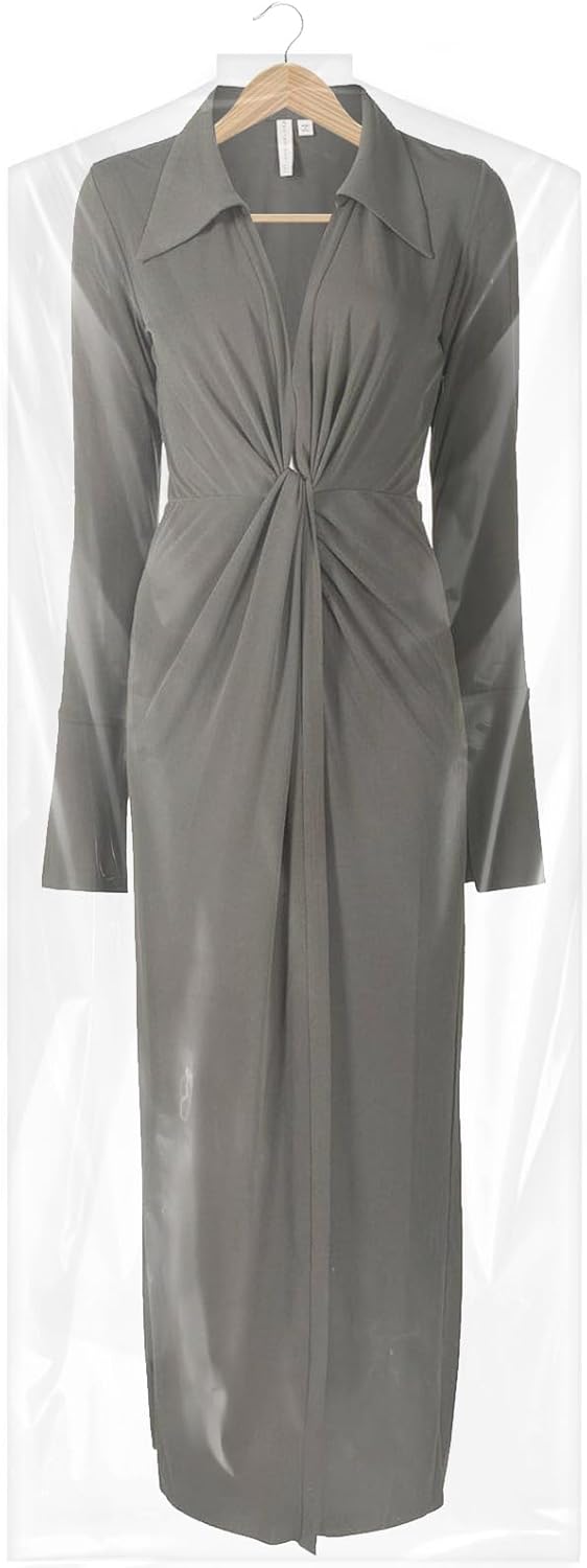 Bulk pack of 50 clear garment bags. Keep clothes dust-free & organized.