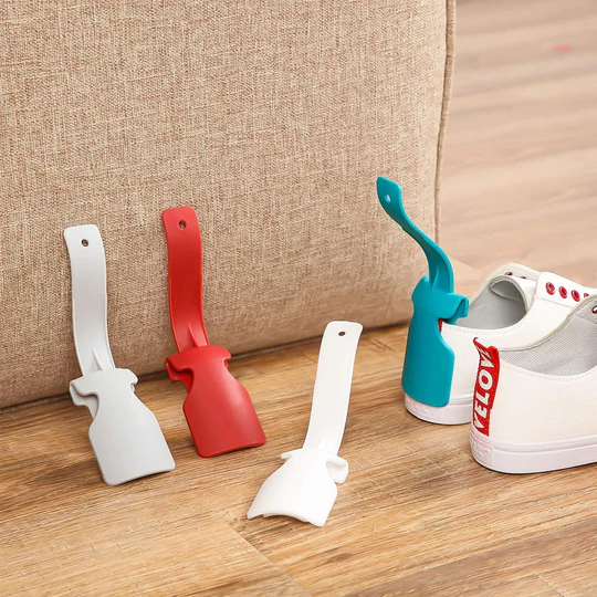 Durable clip-on shoe horn, a practical shoe helper for effortless, hands-free footwear application. Elderly aid.