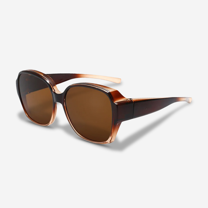 Easy snap-on sunglasses, transforming prescription glasses into protective eyewear for outdoor use.