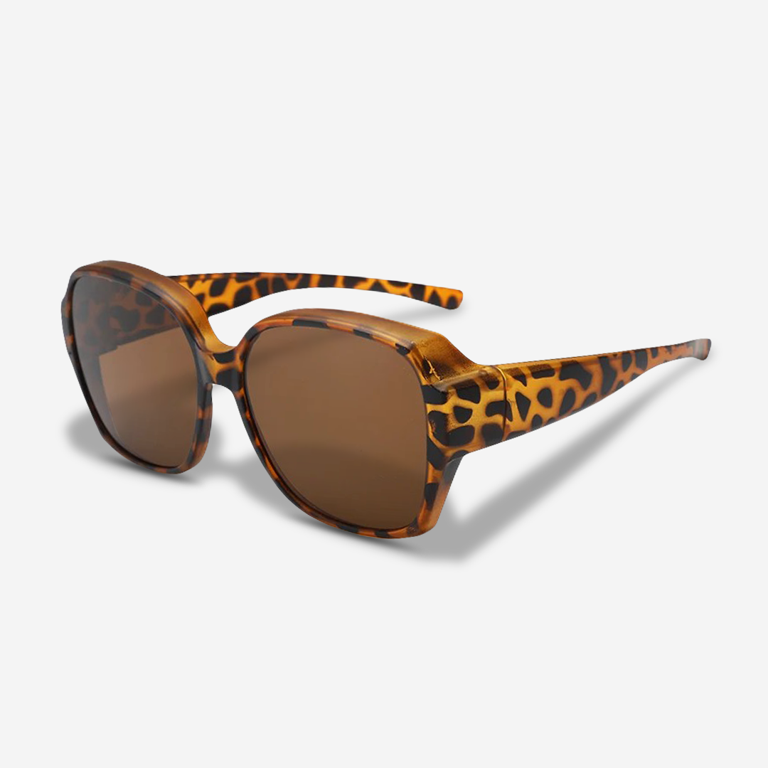 Unisex sunglasses designed to clip onto prescription glasses, providing 100% UV protection.