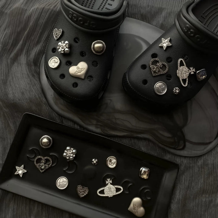 Unisex clog shoe charms set with diverse designs for custom footwear decoration.