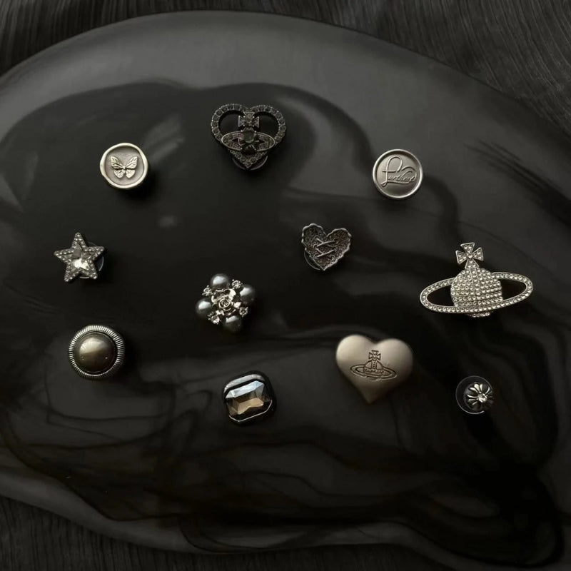 Decorative clog charms set, perfect for modern style enhancers on unisex footwear.