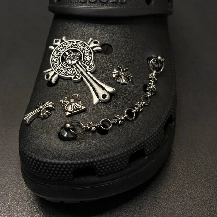 Trendy unisex clog charms set with metal accents, perfect for custom shoe decoration.