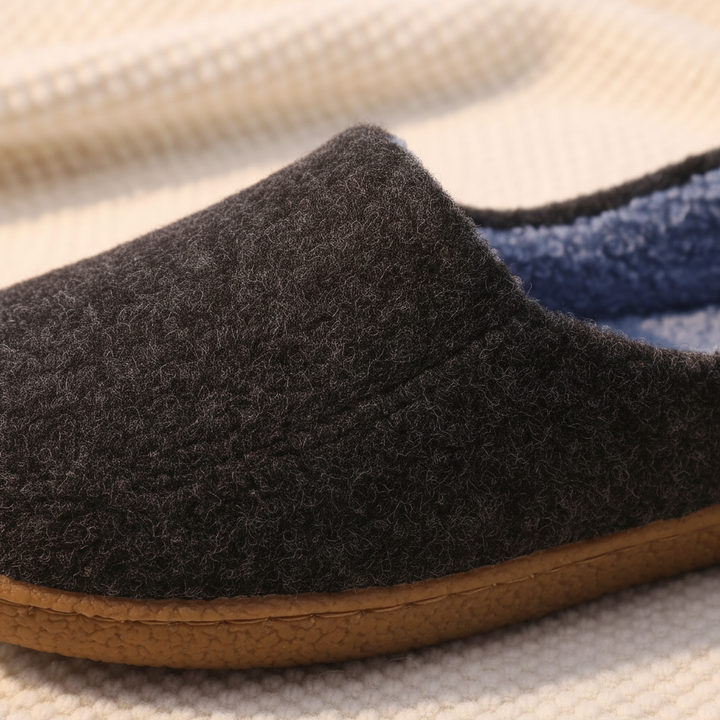 Close-up of Cloudwalk felt house slippers showing soft lining and textured non-slip sole