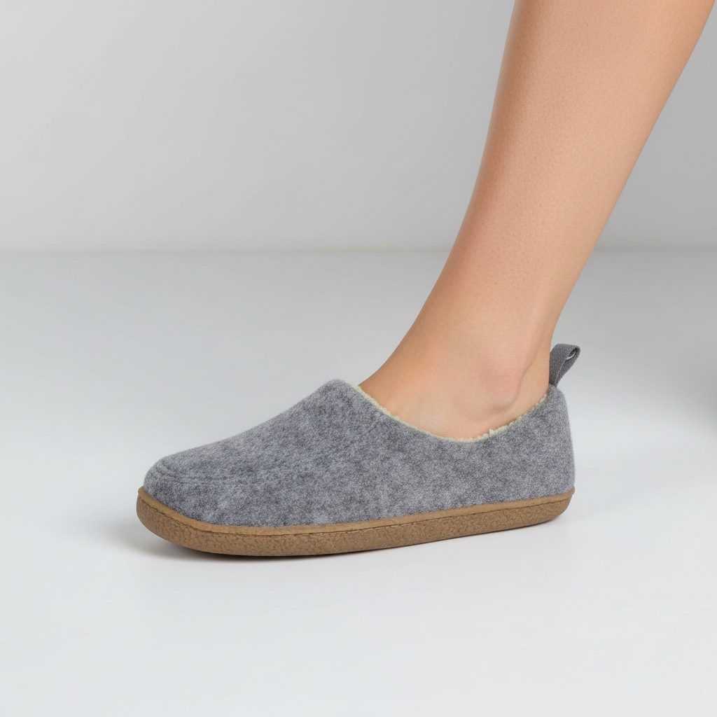 Comfortable unisex felted slippers on a wooden floor, emphasizing their indoor appeal