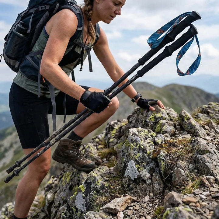 Unisex collapsible carbon fiber trekking poles for hiking. Lightweight, folding outdoor gear for adventure.